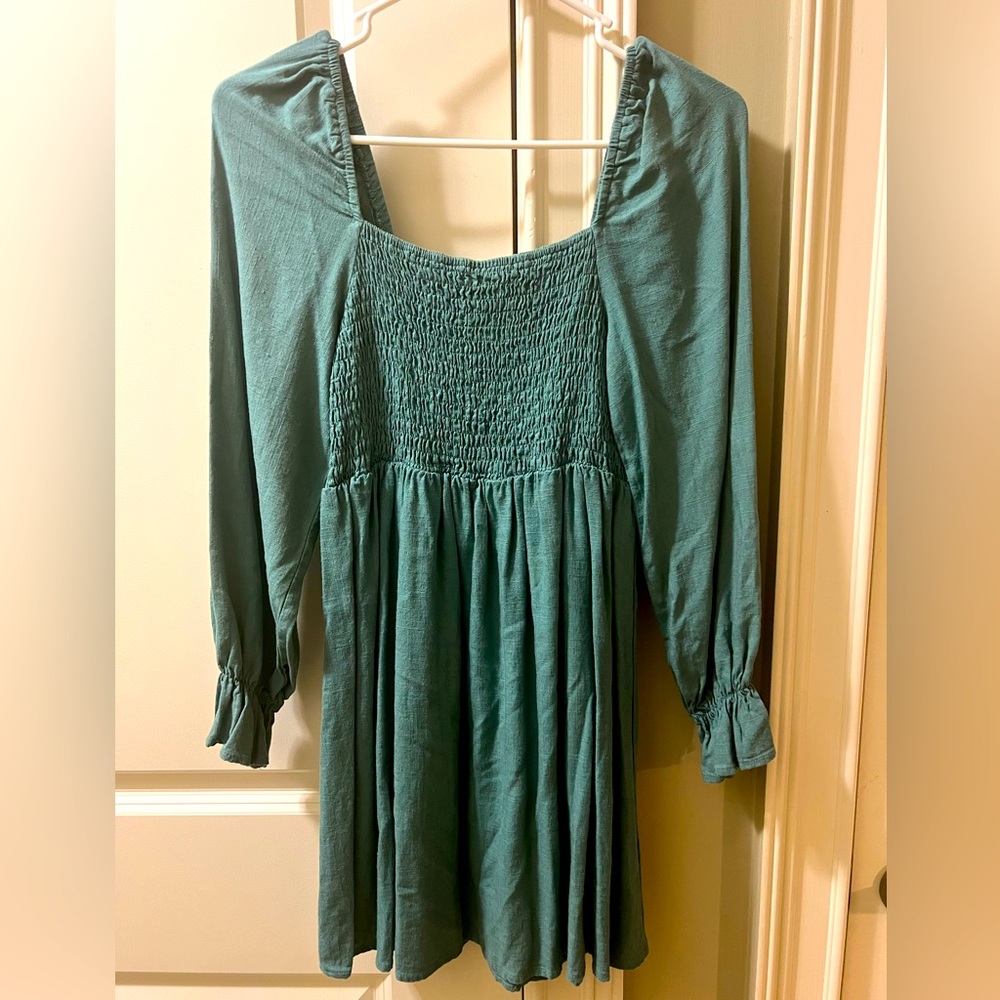 Blue Linen Dress- long sleeve- knee length -size small